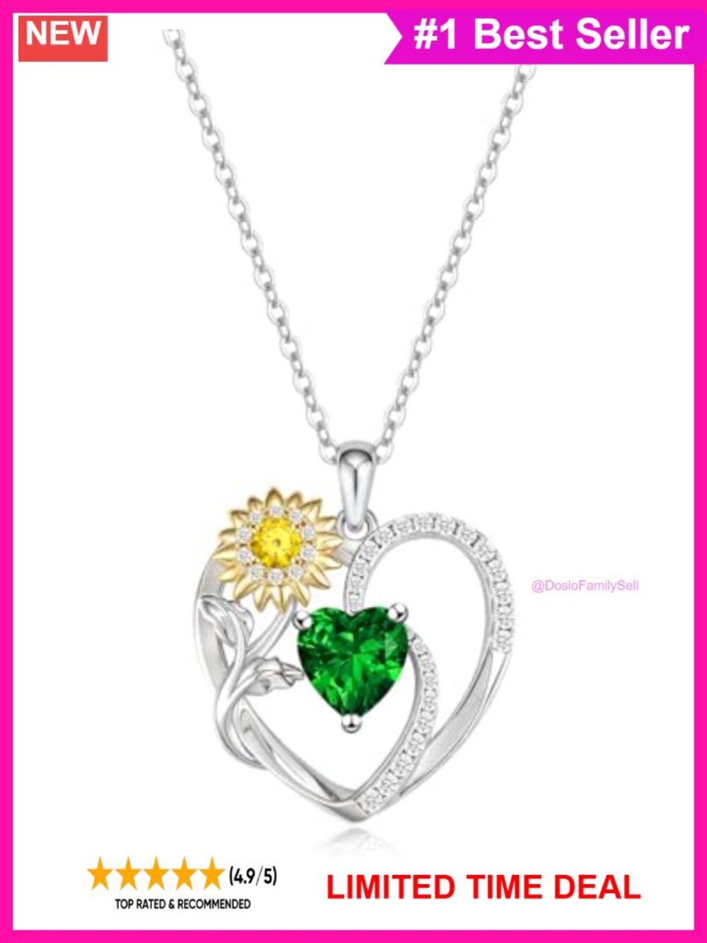 Sunflower Heart May Emerald Birthstone Pendant Necklace 925 Sterling Silver